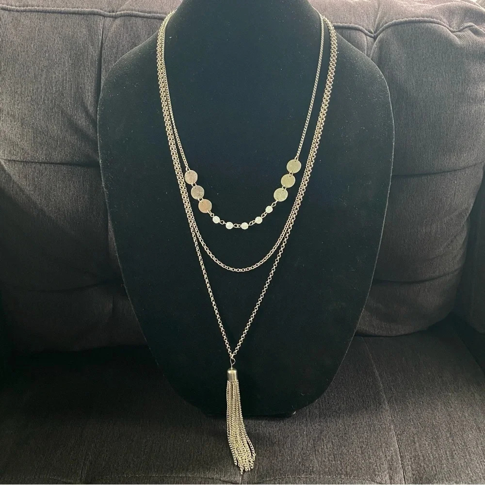 Multilayer 3 Strand Silver Tone Necklace